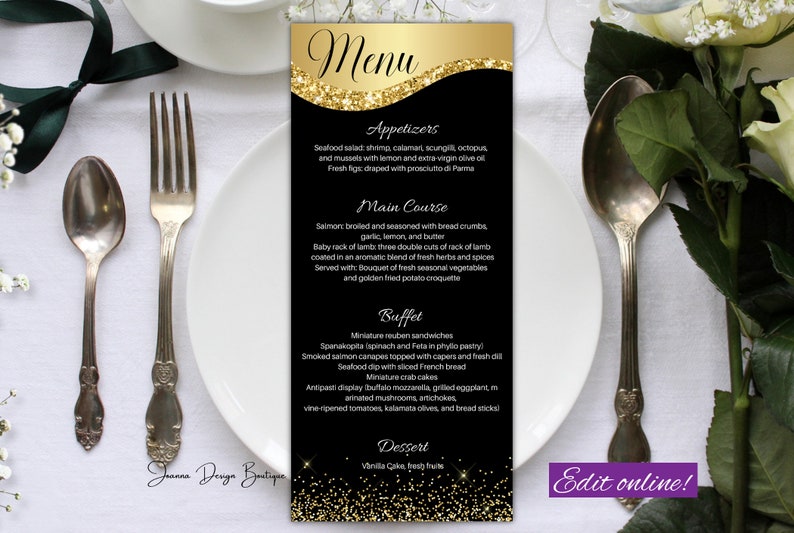 Black Gold Menu Card Template Black Gold Menu Wedding Gold Glitter Menu Card Glamour Menu Card Template Birthday Menus Card template,0-001ot image 1