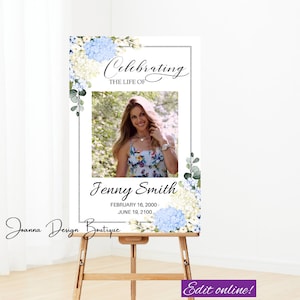 Hydrangeas Memorial Sign Funeral Sign Floral White Hydrangea Obituary Sign Poster template Memorial Service sign Order of Service Obituary