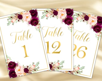 Burgundy table numbers printable Marsala table numbers Gold table numbers printable Marsala wedding table numbers wedding decor wedding,61c