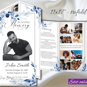 Modelo de obituário do programa funerário azul, tríptico, programa de serviço memorial azul marinho, livro de obituários azul, ordem de serviço, tabloide masculino, 1-003f