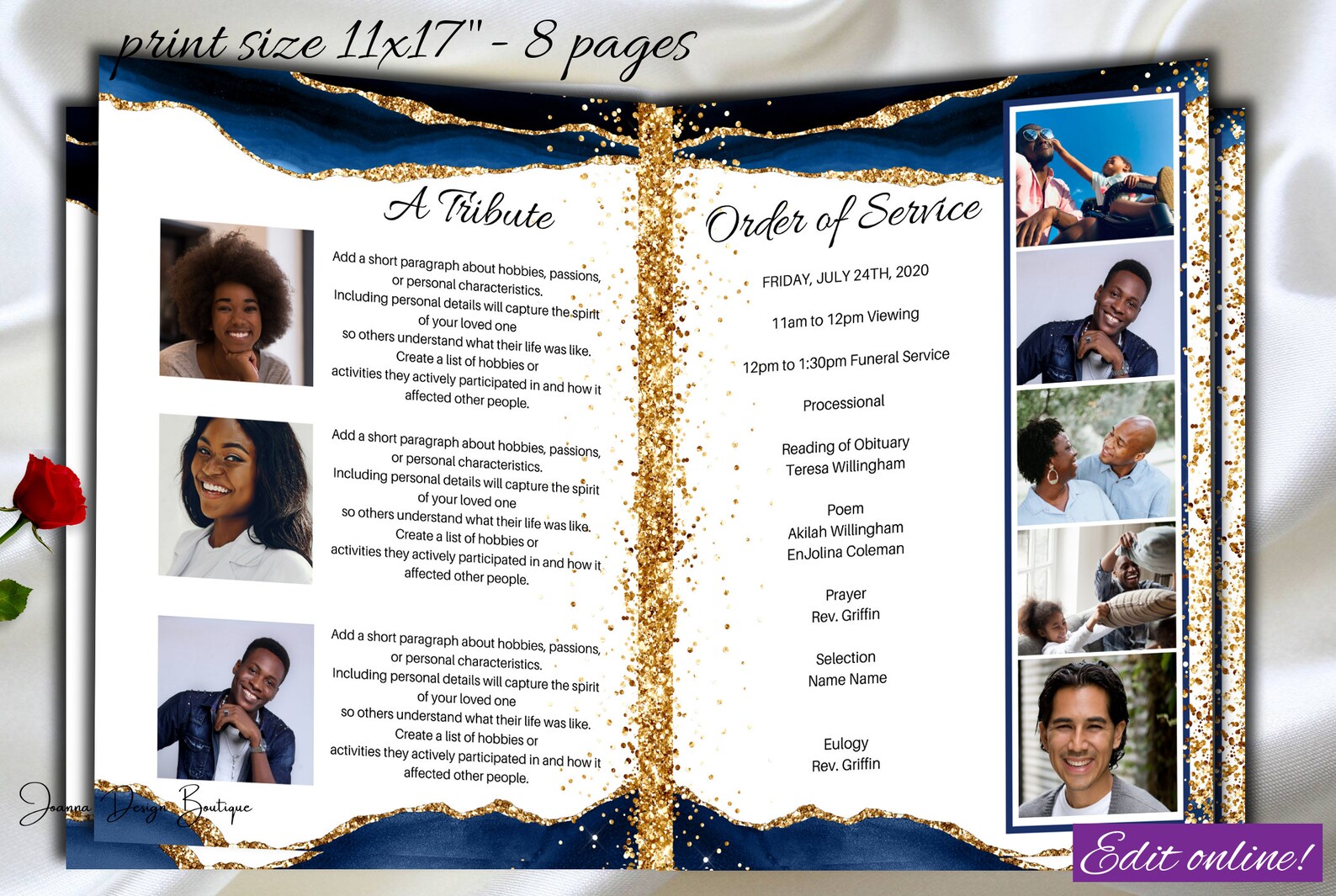 Navy Blue Funeral Program Template Obituary Program Modern Etsy