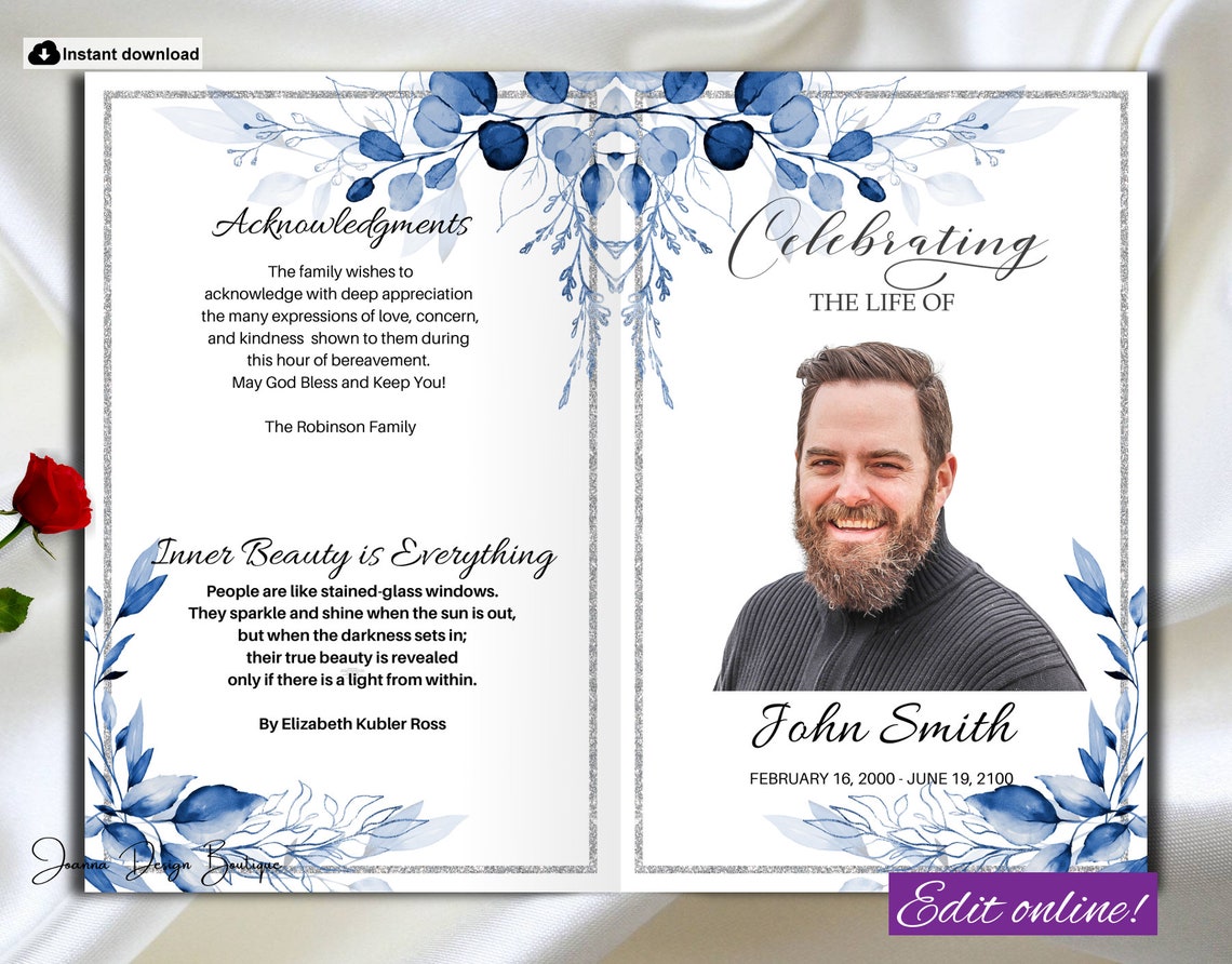 Funeral Program Template Blue Funeral Program For Man Men Blue Etsy