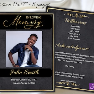Black Gold Funeral Program Template 11x17&quot; for Men Black Rock Obituary Program Memorial Service Order of Service Ledger Tabloid,1-005f