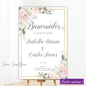 White Blush Roses Wedding Welcome Sign in Spanish Bienvenidos A Nuestra Boda White Blush Ivory Flowers Greenery Wedding Welcome Sign,182o