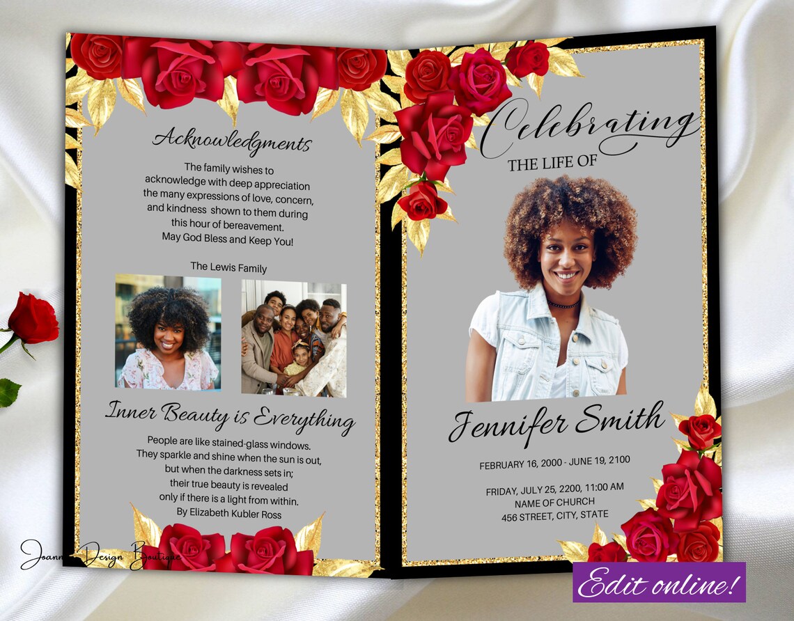 Red Roses Funeral Program Floral Gold Black Funeral Program Obituary ...