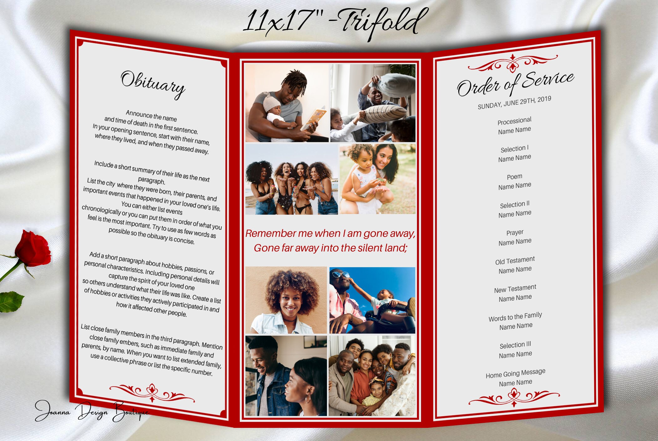 Red Gray Funeral Program Template Trifold Red Memorial Service Etsy
