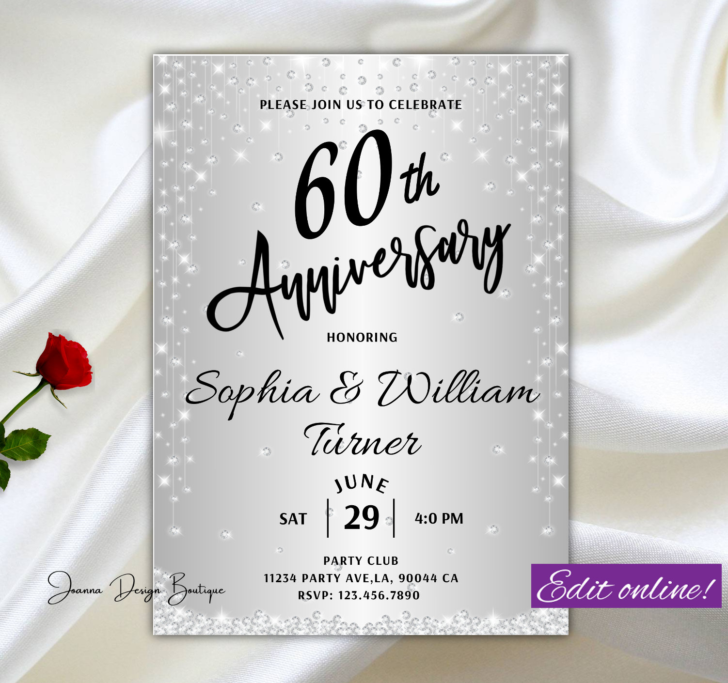 Silver Diamonds Anniversary Invitation Silver Glitter 50 60 Anniversary Invite Glitter Confetti Sparkle Anniversary Invite Glamour, 15