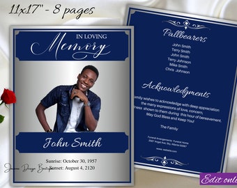 Blue Silver Funeral Program Template 11x17&quot; 8 Pages Blue Obituary Man Memorial Service Program Memory Order of Service Ledger Male,1-003f