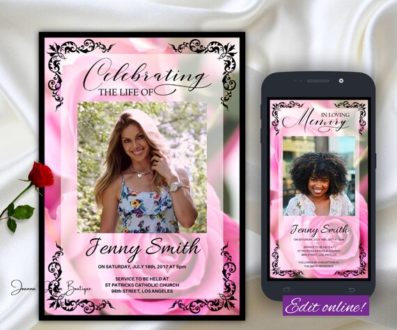 Pink Roses Funeral Announcement Invitation Pink Roses Memorial - Etsy