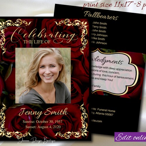Black Dygnity Funeral Obituary Program 11x17 Red Roses Luxury Obituary Program Template 8 pages Black Gold Memorial Service Tabloid Male
