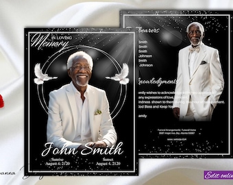 Black Silver Obituary Funeral Program 11x17 8 Pages Male Dove Obituary Heaven Celebration of Life Order of Service Funeral Tabloid,0-105f