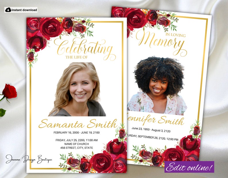 Funeral Program For Women Red Roses Funeral Program With Red Etsy