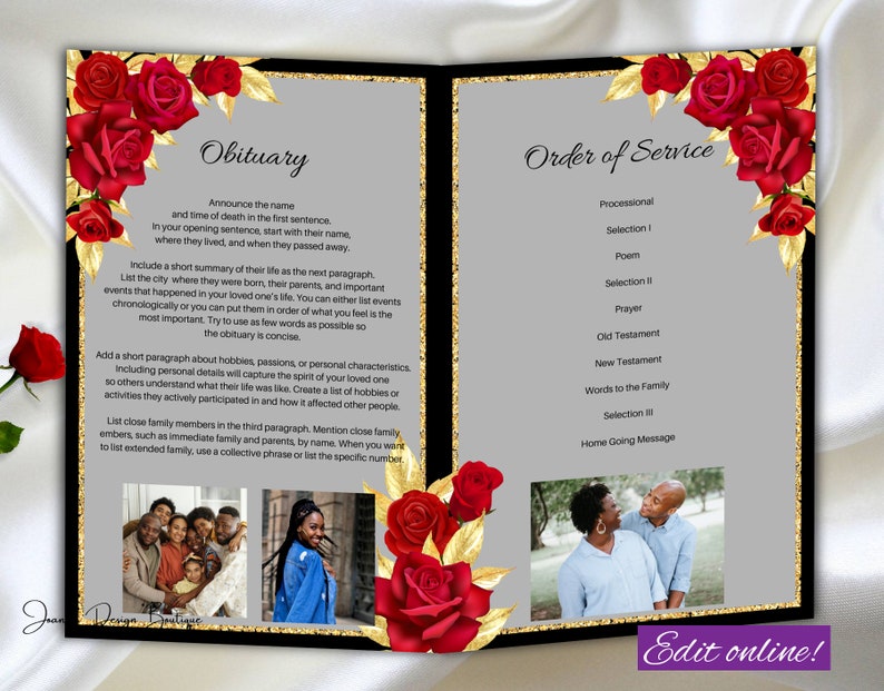 Red Roses Funeral Program Floral Gold Black Funeral Program Obituary ...