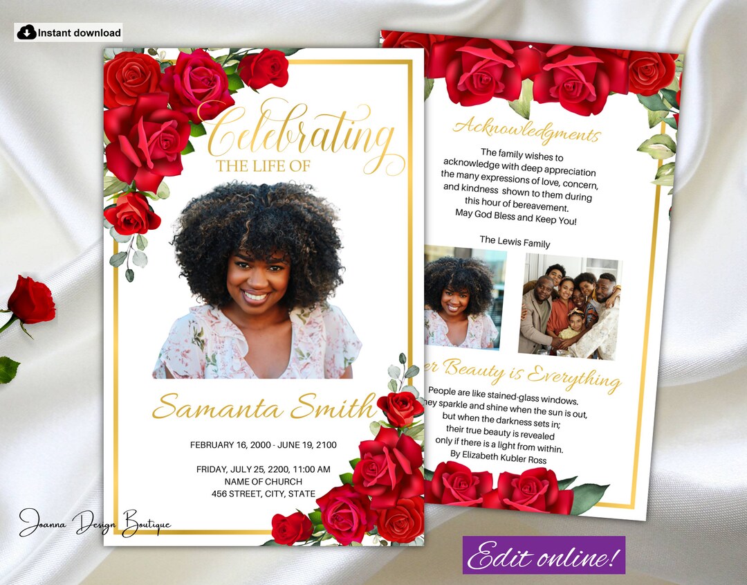Red Roses Funeral Program for Women Red Roses Obituary Funeral Program ...