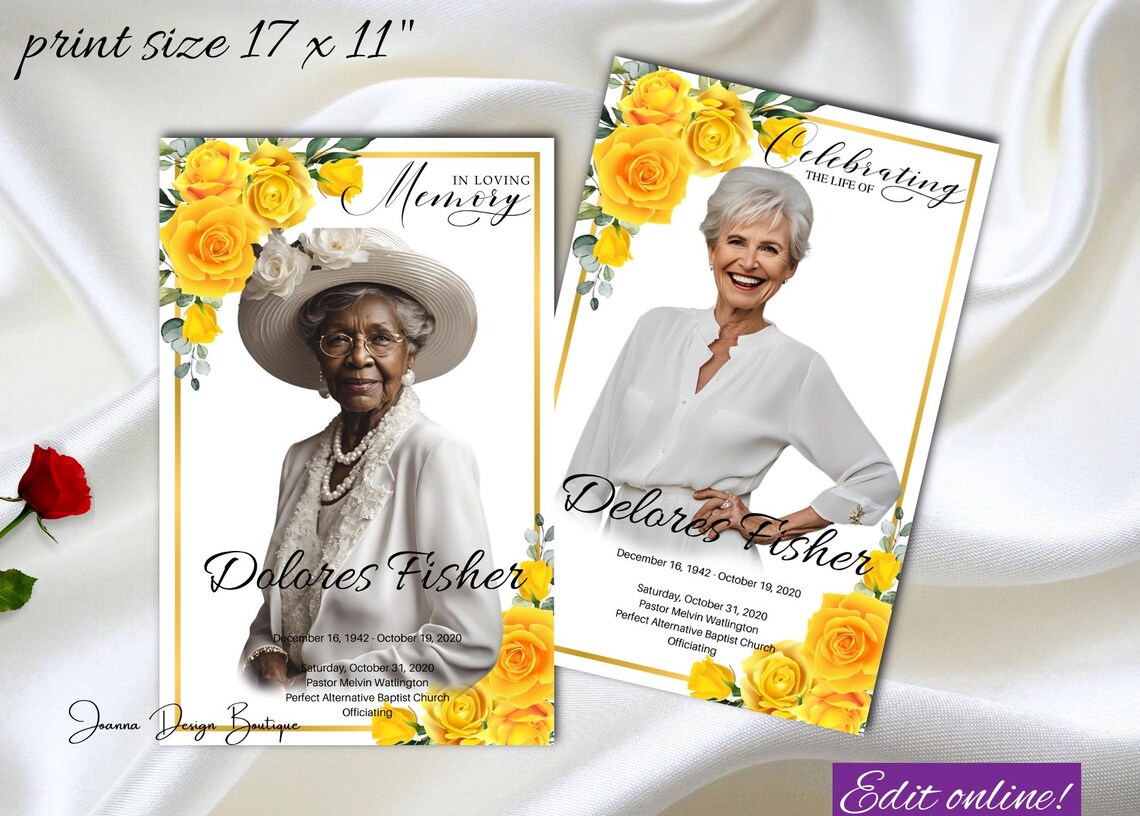 Yellow Roses Funeral Vector Yellow Roses Funeral Program Obituary Roses Memorial Service Program ...