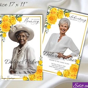 Yellow Roses Funeral Program Obituary  Roses Memorial Service Program Yellow Roses Obituary Celebration of Life Tabloid 8.5x11 bookle,0-001f