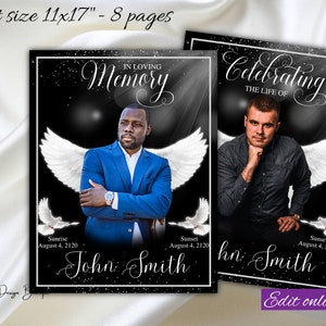 Black Silver Angel Wings Obituary Funeral Program 11x17 8 Pages Male Men&#39;s Obituary Heaven Memorial Service Order of Service Tabloid,1-005f