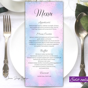 Modèle de carte de menu rose bleu carte de menu de fête prénatale carte de menu rose argenté à paillettes carte de menu de douche menu glamour menu de révélation de genre, 0-013ot