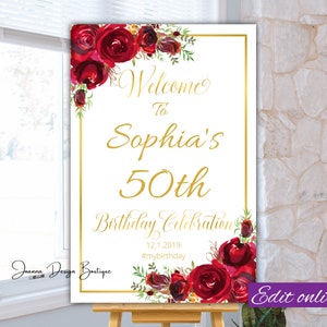 50 60 30 40 80 th Birthday Welcome Sign Red Roses Birthday Welcome Sign All Age Birthday Welcome Poster Floral Welcome Sign Roses Sign,16