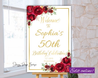 50 60 30 40 80 th Birthday Welcome Sign Red Roses Birthday Welcome Sign All Age Birthday Welcome Poster Floral Welcome Sign Roses Sign,16