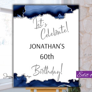 Navy Blue Silver Birthday Welcome Sign Birthday Party Welcome Poster for Man Let&#39;s Celebrate Sign All Age Birthday Welcome Sign Male,0-006A