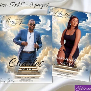 以下が含まれることがあります： 白い背景と雲が描かれた追悼カードが2枚。上のカードには「Celebrating the Life of Samantha Smith」というテキストと、黒いドレスを着た女性の画像が載っています。下のカードには「In Loving Memory Charles Smith」というテキストと、青いスーツを着た男性の画像が載っています。両方のカードには追悼式の開催日時が記載されています。