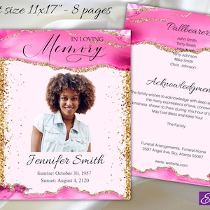 Pink Gold Funeral Program Template Obituary Template Modern Elegant 11x17 8 Pages for Women Memorial Service Order of Service Ledger Tabloid