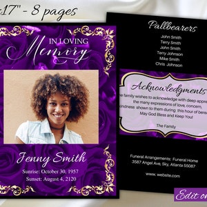 Purple Black Dygnity Funeral Obituary Program Purple Roses Luxury Obituary Black Gold Memorial Service Order of Service Tabloid,1-002f