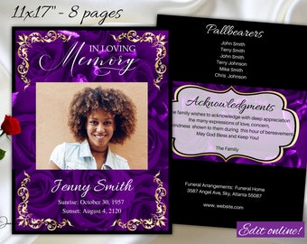 Purple Black Dygnity Funeral Obituary Program 8 page 11x17 Purple Roses Luxury Obituary Black Gold Memorial Service Order of Service Tabloid