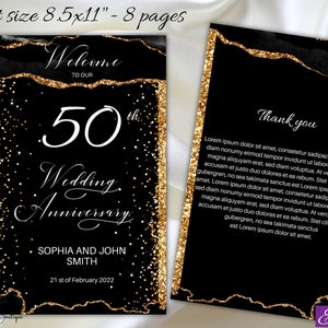 Black Gold Wedding Anniversary Program Template Anniversary Program  Modern Elegant 8 PAges Gold Glitter Program, 0-053