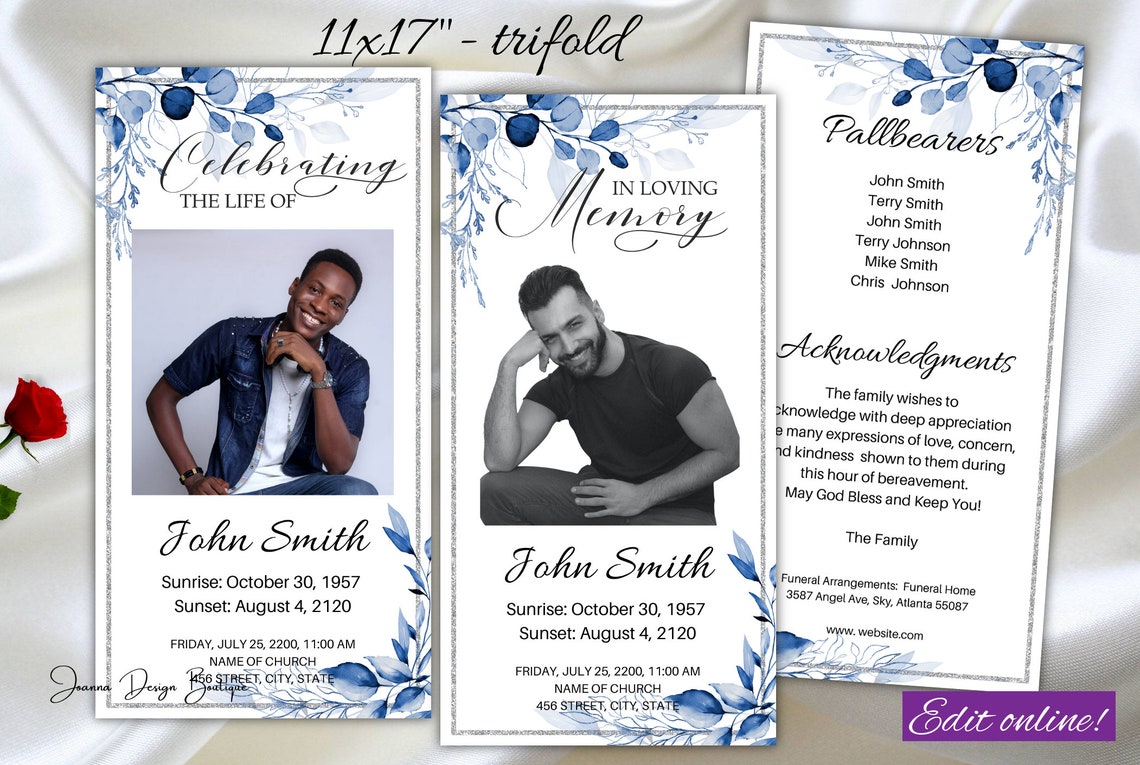 Blue Funeral Program Template Trifold Navy Blue Memorial Etsy