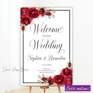 Red Roses Wedding Welcome Sign printable Red Flowers Welcome Wedding Sign Red Black Welcome to our Wedding sign Wedding Welcome sign,16a