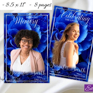 Programa de obituario funerario Royal Blue Roses 8 páginas Carta Obituario Programa de celebración de la vida Silver Blue Obituario de mamá Orden de servicio, 0-100f