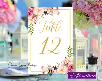 Floral blush table numbers printable Gold table numbers printable boho table numbers printable pink wedding table numbers pink template,31g