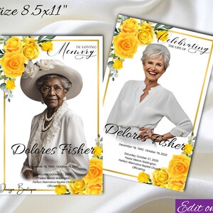 Puede incluir: Dos plantillas de programa de funeral con rosas amarillas y detalles dorados. El texto dice "En memoria cariñosa" y "Celebrando la vida de Dolores Fisher". Las plantillas incluyen fechas, horarios y lugares para el servicio fúnebre.