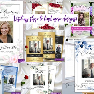 May include: A set of printable memorial cards featuring different floral designs and customizable text. The cards include a photo placeholder and the text "Celebrating the Life of" with the name and dates of the deceased. The cards are available in blue, pink, and green color schemes.