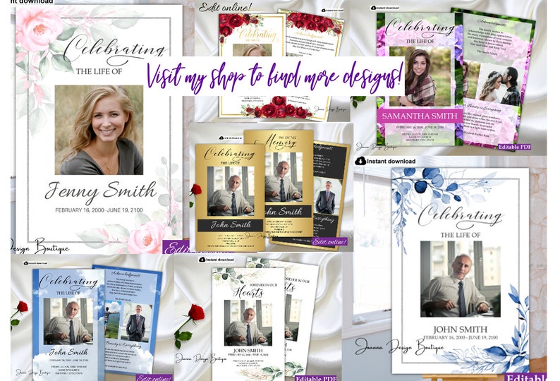 May include: A set of printable memorial cards featuring different floral designs and customizable text. The cards include a photo placeholder and the text "Celebrating the Life of" with the name and dates of the deceased. The cards are available in blue, pink, and green color schemes.