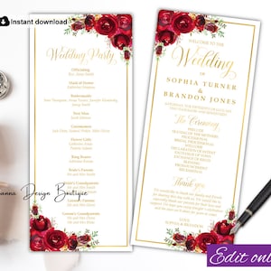 Red roses wedding program template tea length red flowers wedding program floral red wedding program red gold wedding program template,16