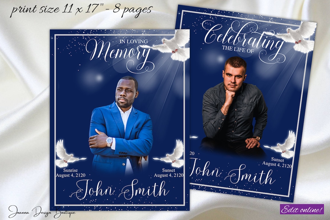 Navy Blue Silver Obituary Funeral Program Template Male Man Dove
