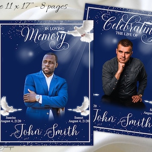 Navy Blue Silver Obituary Funeral Program Template Male Man Dove Obituary Heaven Memorial service Celebration of Life Order of Servic,1-003f