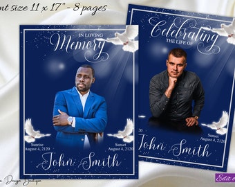 Puede incluir: Dos tarjetas conmemorativas con fondo azul y palomas blancas. Las tarjetas presentan una foto de un hombre y el texto "En memoria cariñosa" y "Celebrando la vida de". El texto "John Smith" y las fechas "4 de agosto de 2120" también están incluidas.