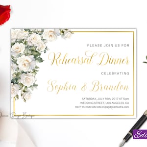 Invito per cena di prova con rose bianche Invito per cena di prova con fiori bianchi crema Invito per cena di prova con verde Matrimonio floreale, 172o