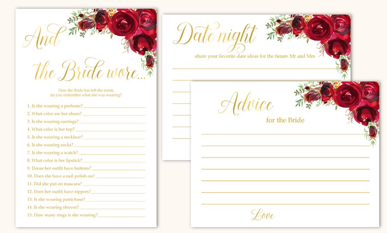 Bridal Shower games bundle Bridal Shower games package Red roses Bridal Shower games bundle gold Bridal shower games printable games set,16