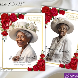 Red Roses Funeral Program Obituary for Women Red Roses Obituary Funeral Program with Red Roses Memorial Service Celebration 8.5x11,0-002f