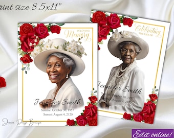Red Roses Funeral Program Obituary for Women Red Roses Obituary Funeral Program with Red Roses Memorial Service Celebration 8.5x11,0-002f