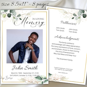 Greenery Funeral Program 8 pages Green Obituary for Man Men Gold Memorial Service Printable Greenery Order of Service Obituary Male,157af