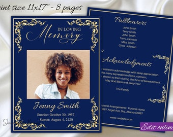 Blue Gold Obituary Funeral Program Template 11x17" 8 Pages Man Dygnity Memorial Service Program Memory Order of Service Ledger Tabloid Male