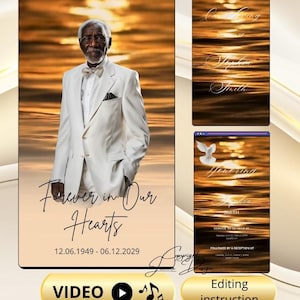 May include: A memorial graphic featuring a man in a white suit and bow tie against a golden sunset backdrop. Text reads "Forever in Our Hearts" and dates 12.06.1949 - 06.12.2029. Additional panels display text honoring Stephen Smith.