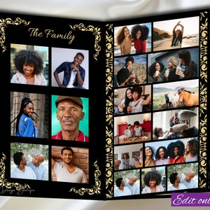 May include: A black photo album with gold accents and a collage of family photos. The album cover has the text "The Family" in gold lettering.