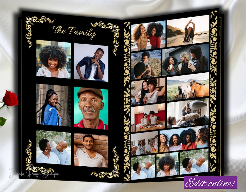 May include: A black photo album with gold accents and a collage of family photos. The album cover has the text "The Family" in gold lettering.